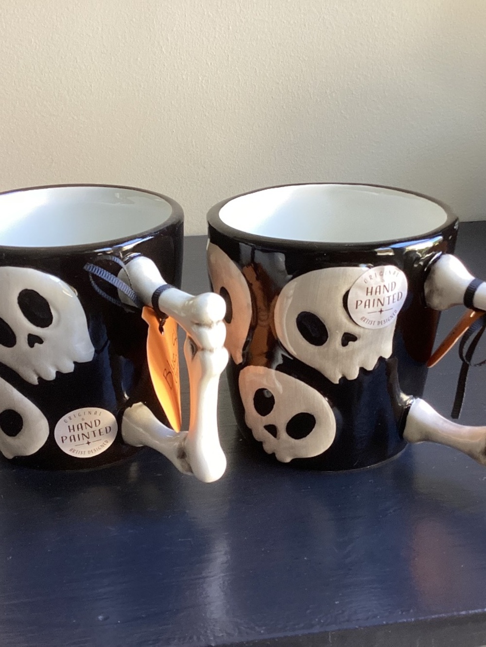 NWT Set of 2 Hand Painted Skeleton Embossed Coffee Mugs by Blue Sky 16oz